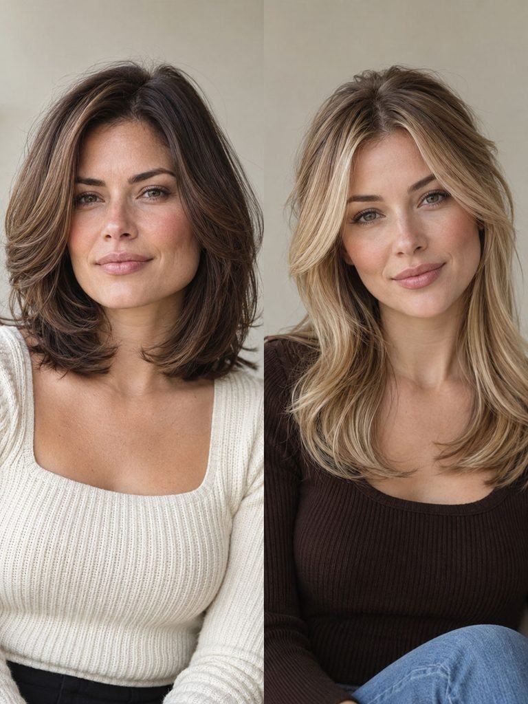 Two women with soft layers framing square and heart shaped faces