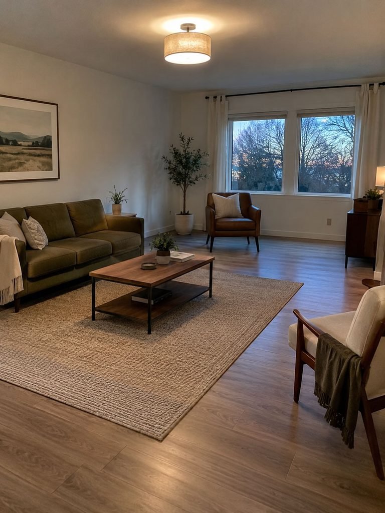 Simple living room with exposed hard surfaces, bright overhead light and widely spaced seating