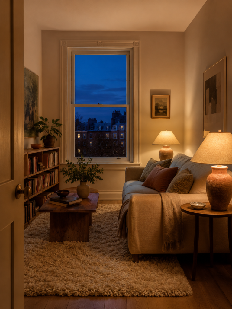 Living room with an uncovered window framed by painted trim, a deep-pile rug, a fabric sofa and two lit table lamps at seated height