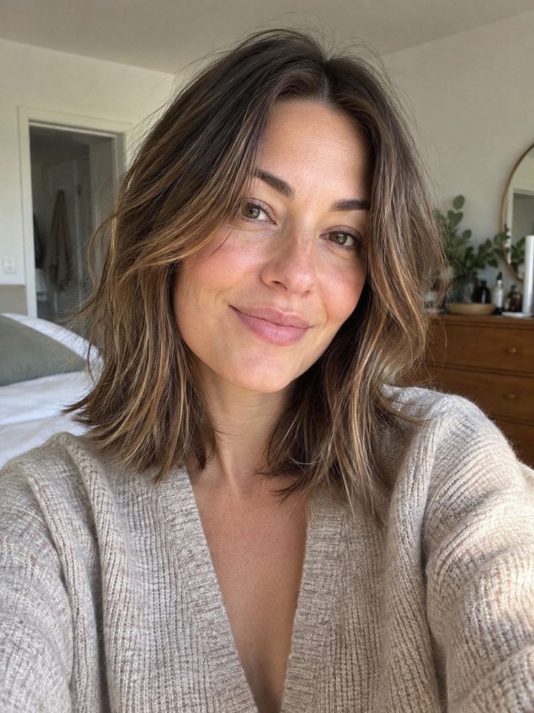 Medium hair with long blended face framing beginning near the chin