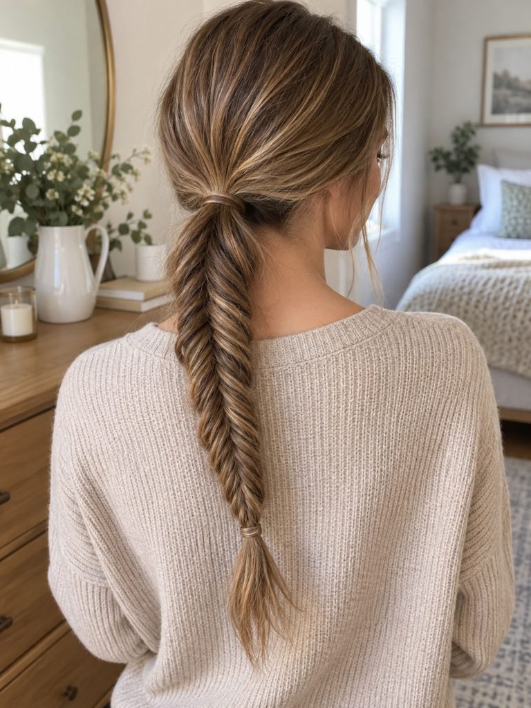 Low ponytail styled into a defined fishtail braid