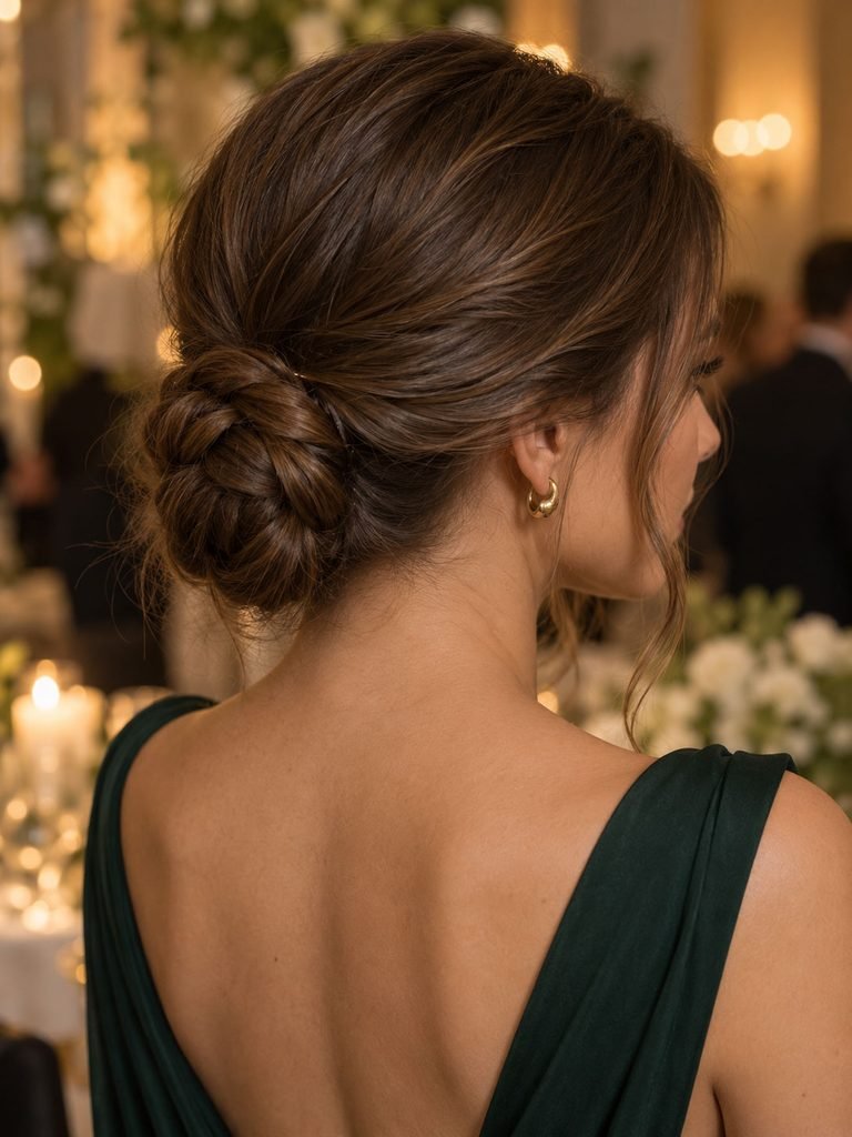 Low braided bun secured neatly at the nape with soft face framing pieces