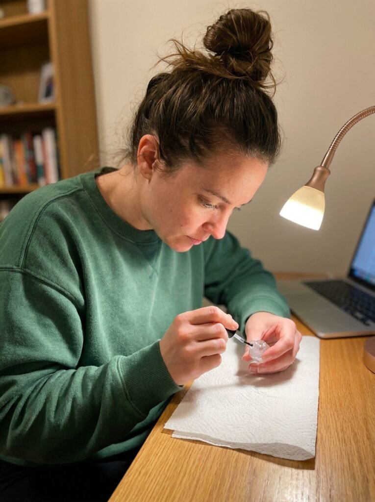 Woman applying clear top coat at her desk to make a manicure last longer