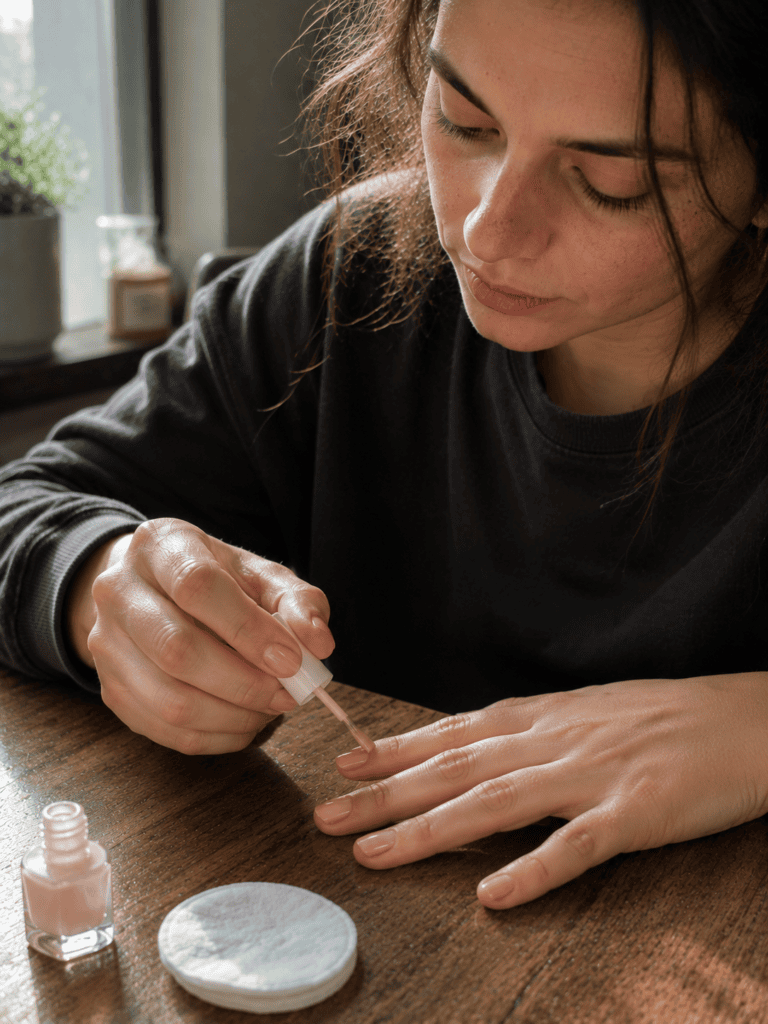 Woman applying a thin coat of nail polish at home in daylight