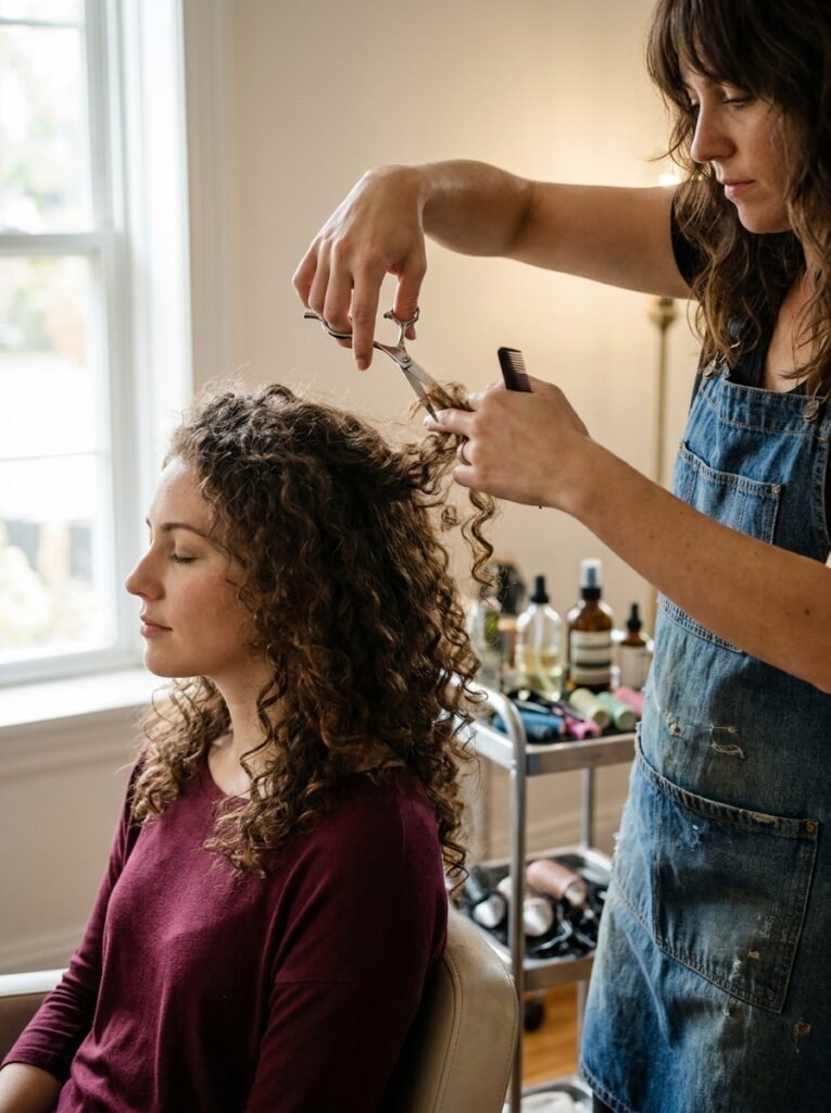 Stylist dry cutting layers into curly textured hair