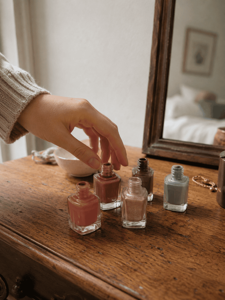 A hand reaching for seasonal nail polish shades on a wooden dresser