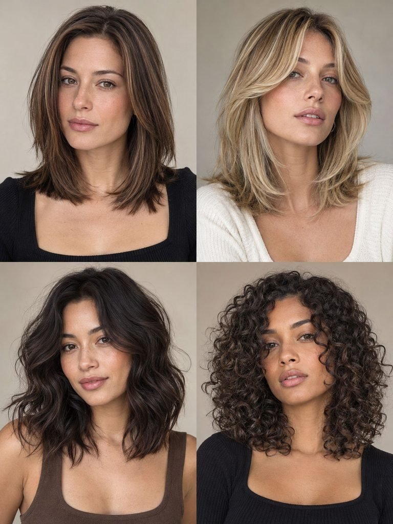 Four women wearing different medium length hairstyles with face framing layers