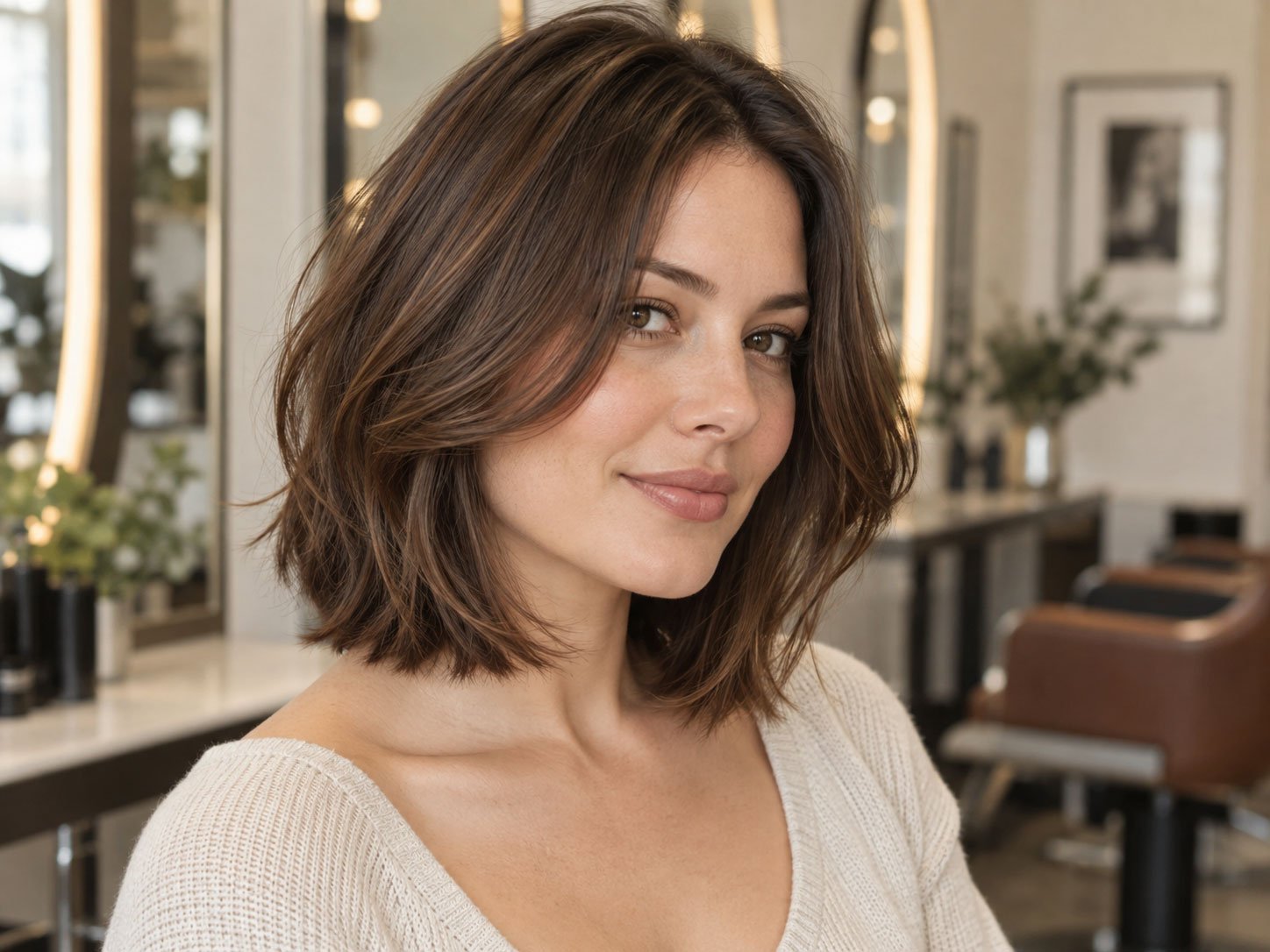 Woman with collarbone length brunette hair and soft layers framing her face