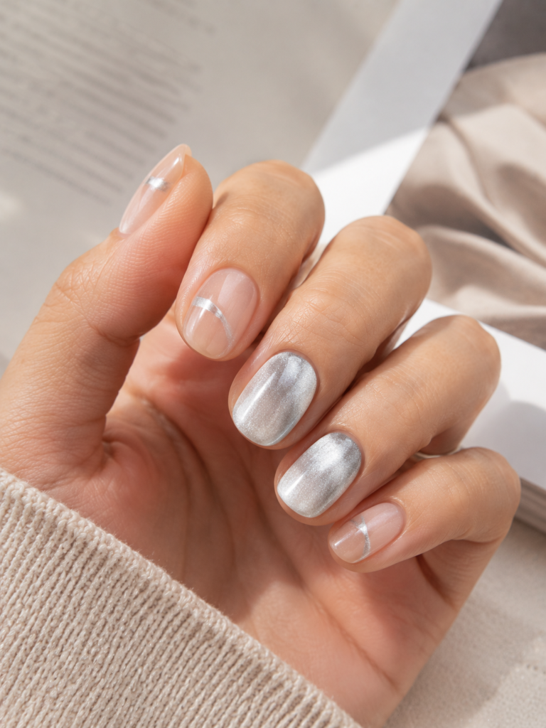 Minimal mismatched nude nails with silver cat eye accents.