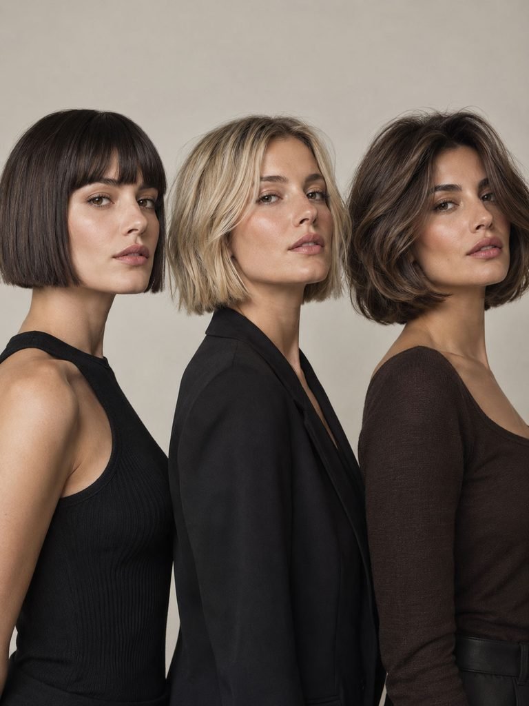 Three women wearing blunt boy bob, soft Scandi bob, and voluminous Italian bob