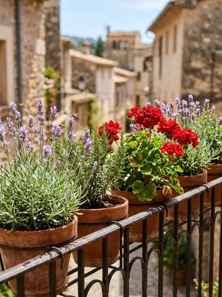 Terracotta pots of lavender, rosemary and geraniums thriving in full sun along a balcony railing