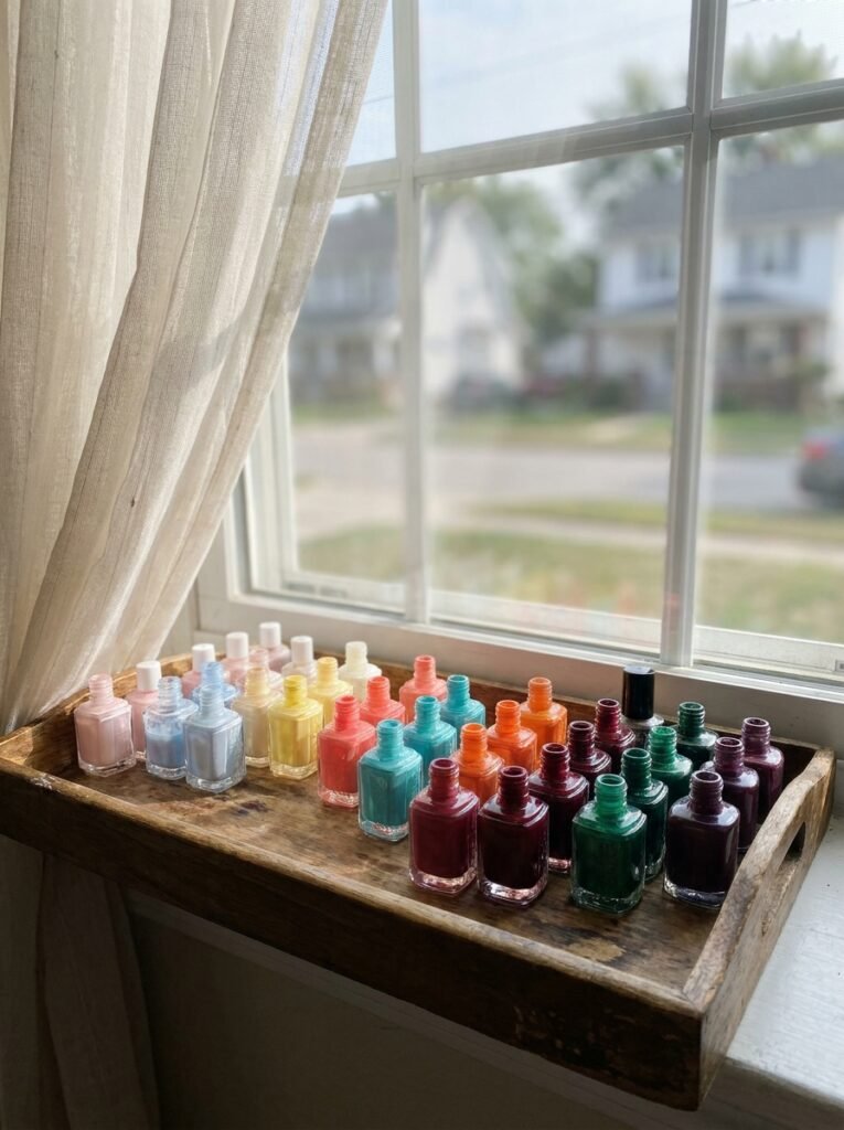 Nail polish bottles grouped by season on a sunny windowsill tray