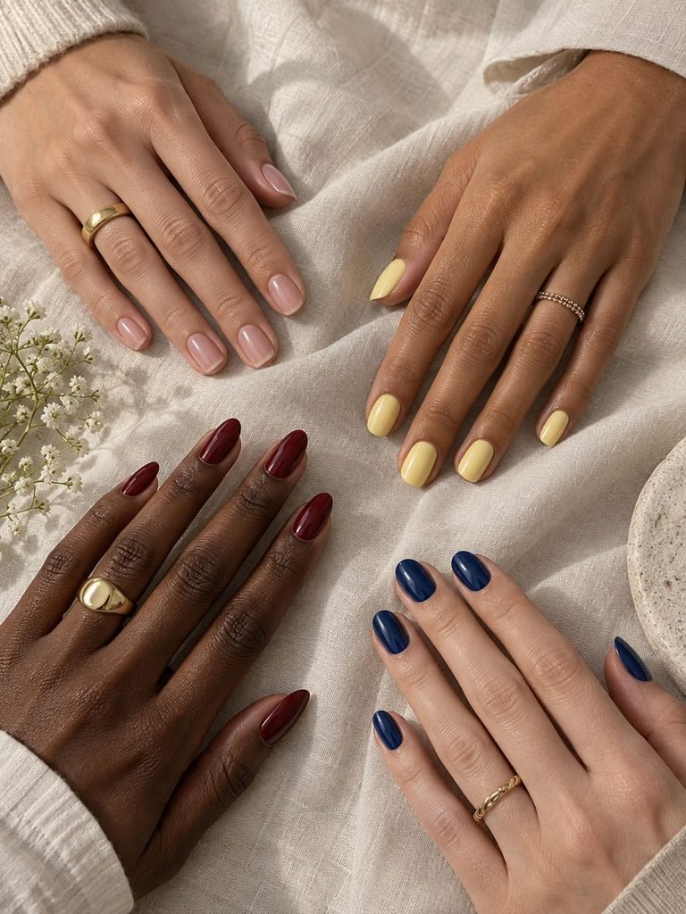 Four hands with sheer nude, yellow, burgundy, and sapphire manicures showing different levels of contrast