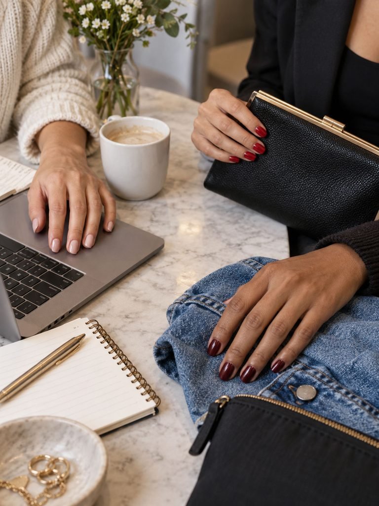 Three hands with a sheer neutral, red, and burgundy manicure in everyday settings