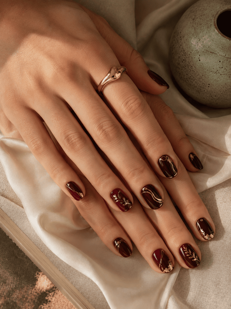Glossy burgundy manicure with gold swirl nail art