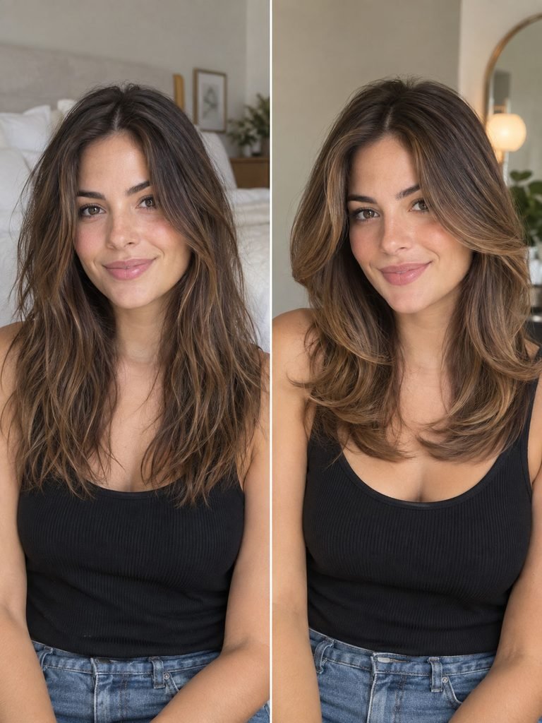 Woman with layered hair shown in a natural air dried finish and a styled blowout finish