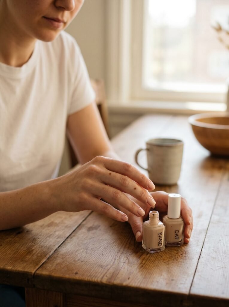 Woman comparing two neutral nail polish shades against her bare hand in daylight