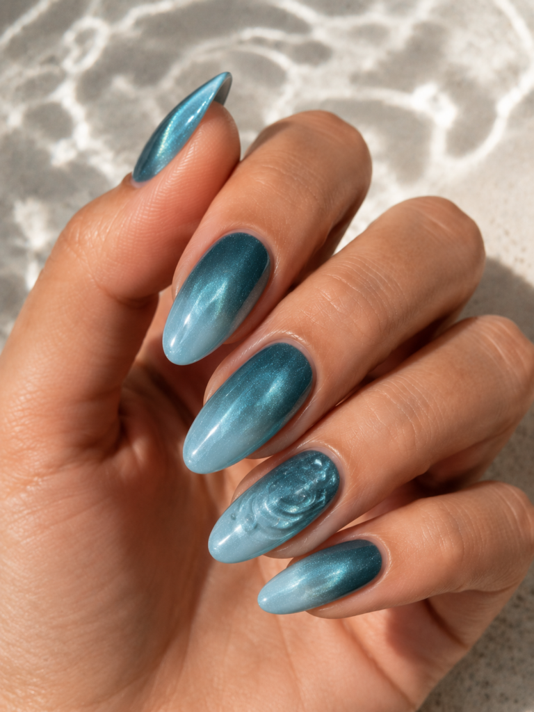 Teal cat eye nails with aqua gradients and clear water drop accents.