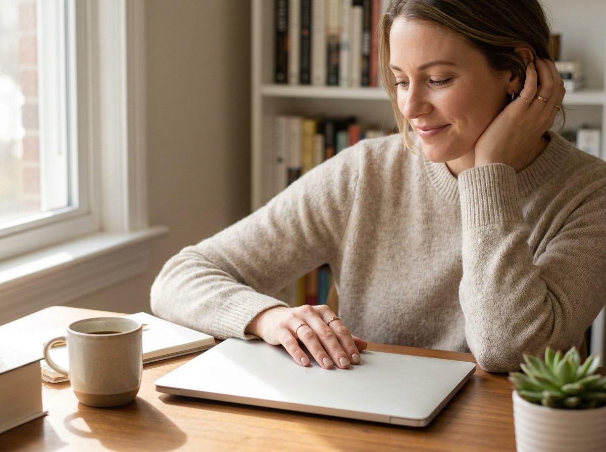 Woman at a home office desk looking at her neutral office friendly manicure in morning light