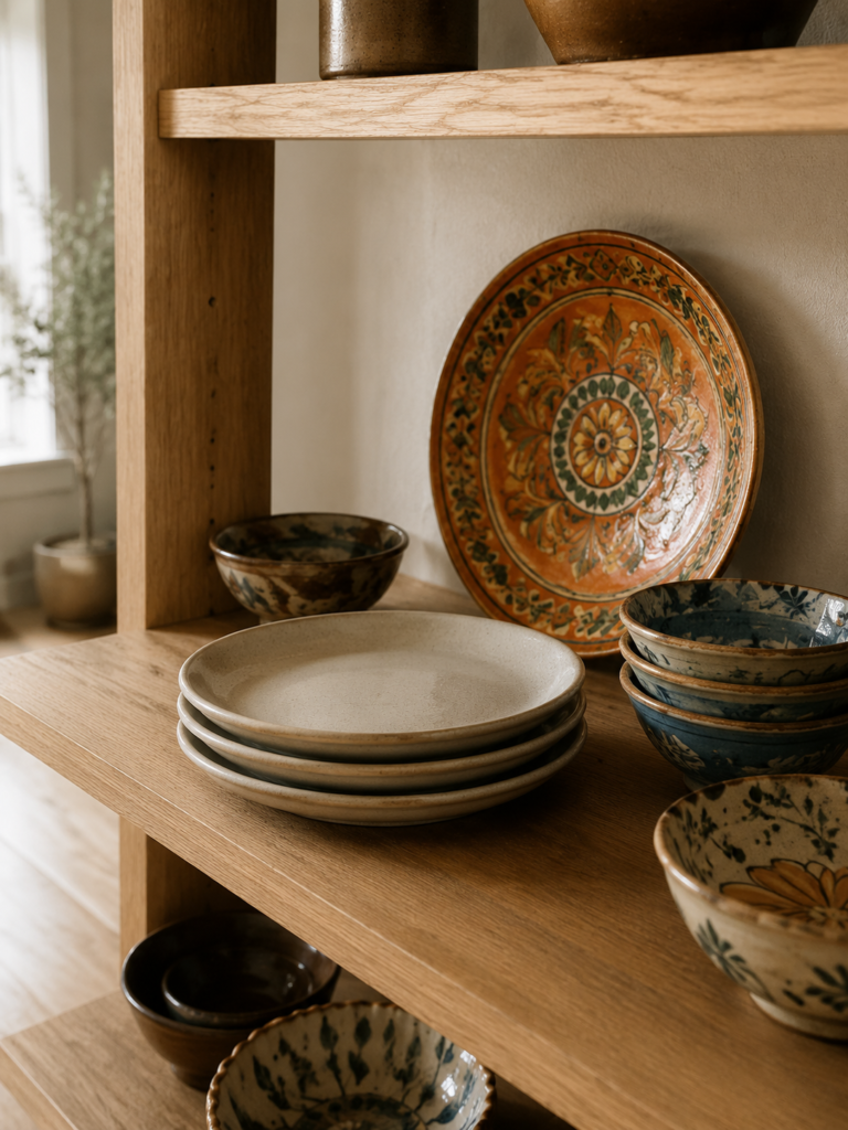 Dining room shelf mixing plain modern stoneware with older hand-painted and brightly glazed decorative ceramics.