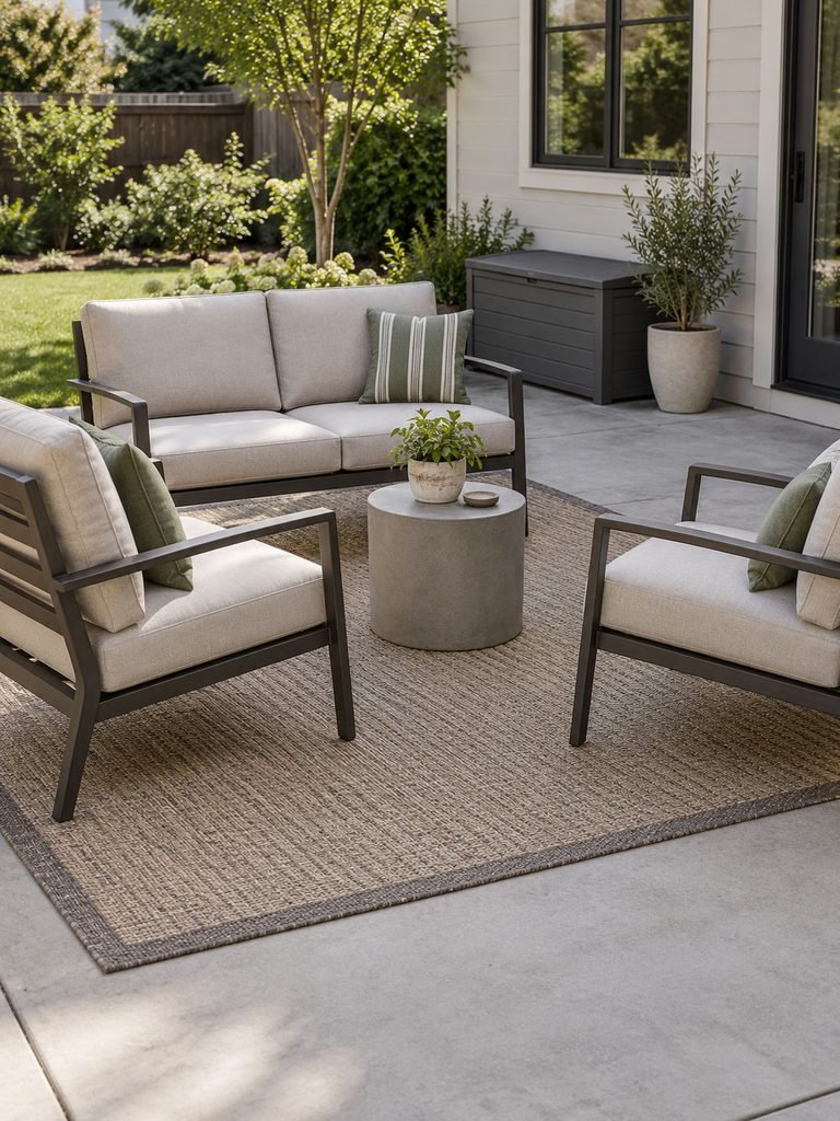 Flat woven outdoor rug beneath patio seating with two cushions and a nearby storage box
