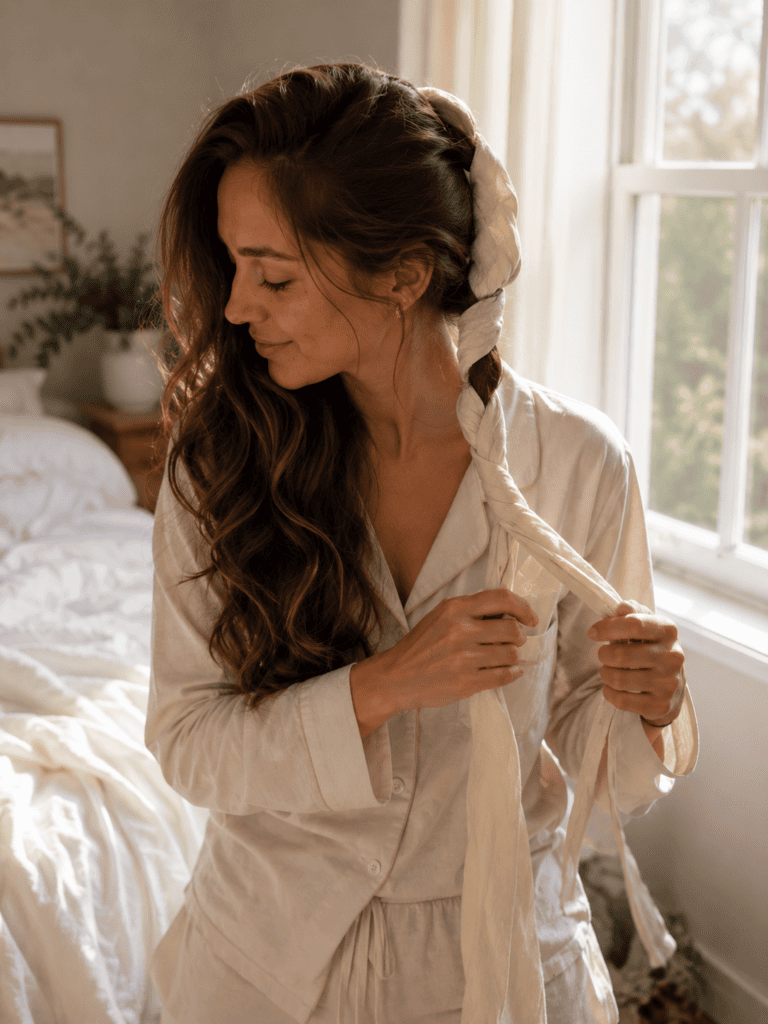 Heatless overnight waves on long hair created with a soft robe belt