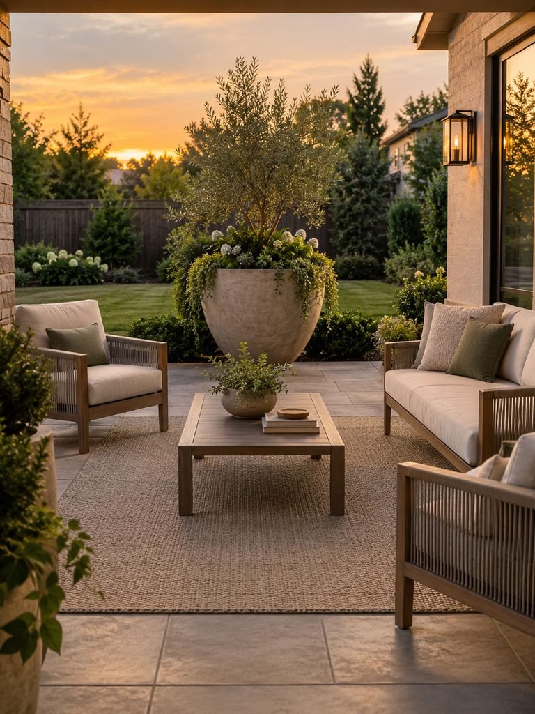 Backyard patio centered on a large planted container with seating arranged around it