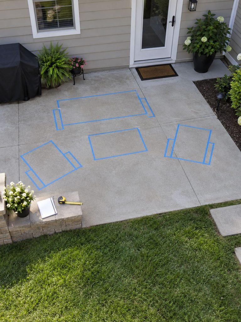 Small patio marked for a lounge arrangement with clear walking space from the house to the yard