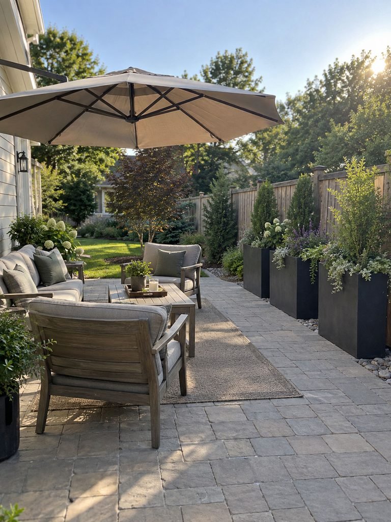 Backyard patio seating shaded by an umbrella with tall potted plants creating privacy along one side