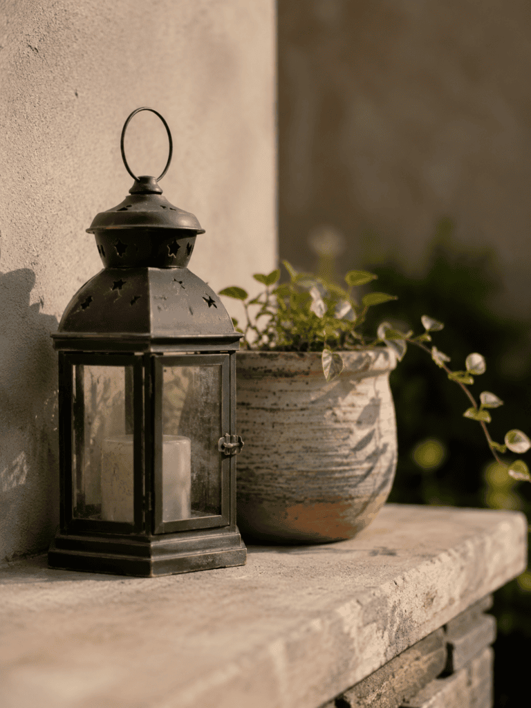 Decorative lantern and handmade ceramic pot adding personal patio decor