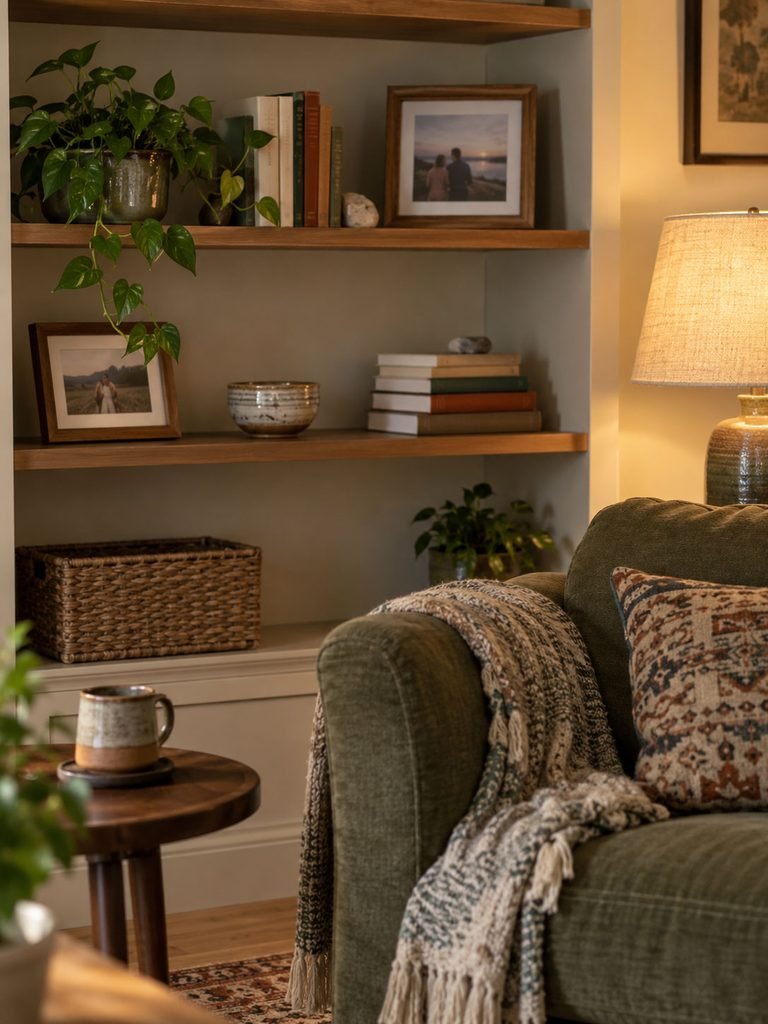Books, framed photographs and a small plant arranged sparingly on a living room shelf