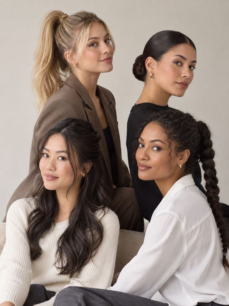 Long hair in a high ponytail, sleek low bun, half up style, and braided ponytail