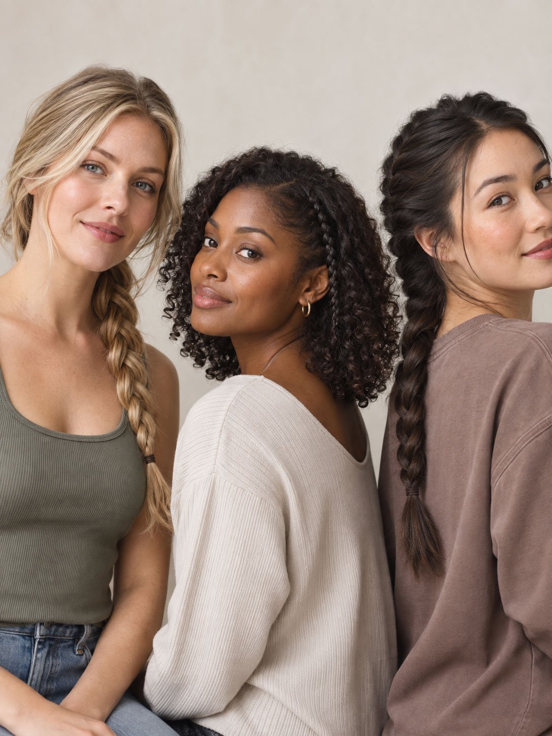 Three simple braid variations displayed on different hair lengths and textures