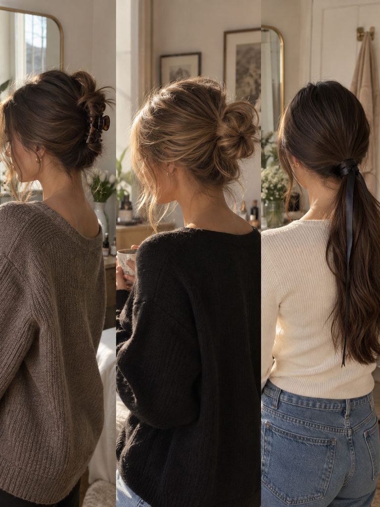 Long hair shown in a claw clip twist, soft messy bun, and ribbon low ponytail