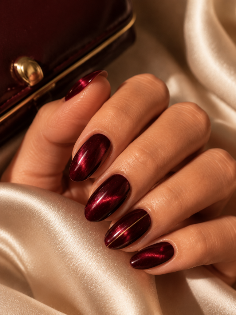 Burgundy cat eye nails with red magnetic shimmer and one gold accent.