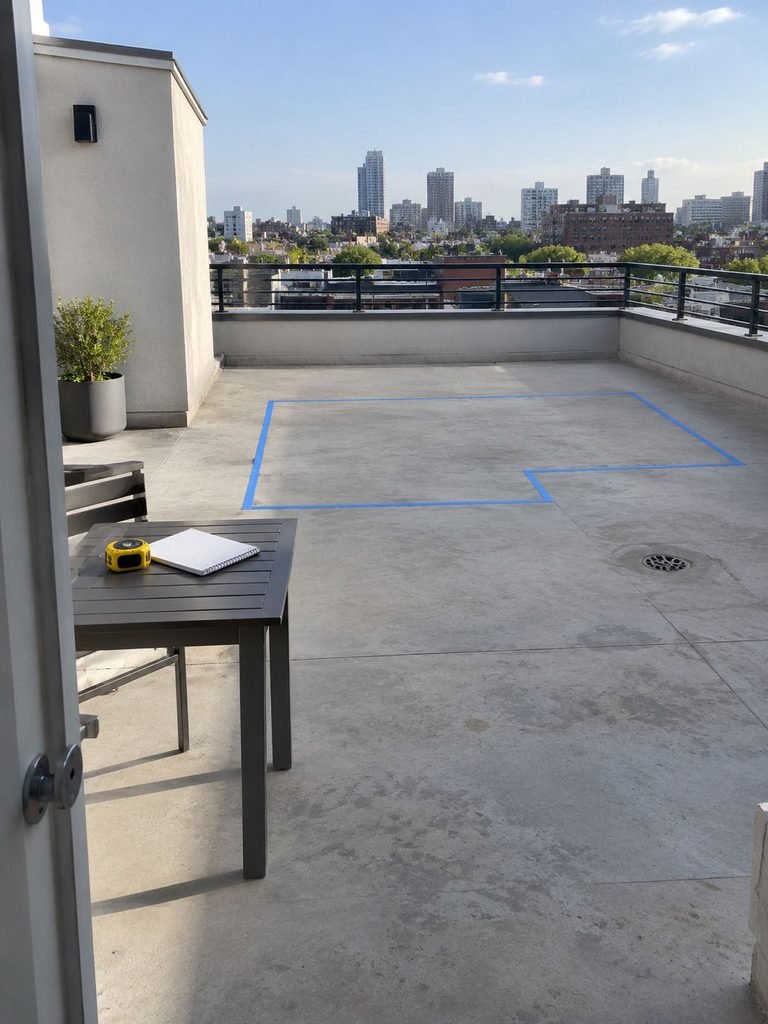 Bare rooftop with painter tape marking a seating area beside a clear drain and walking path