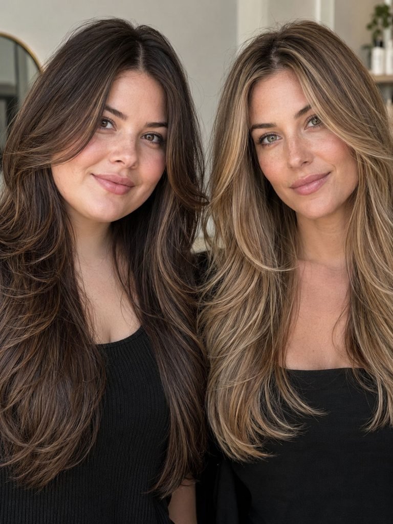 Two women showing long face framing on a round face and softer versatile layers on an oval face