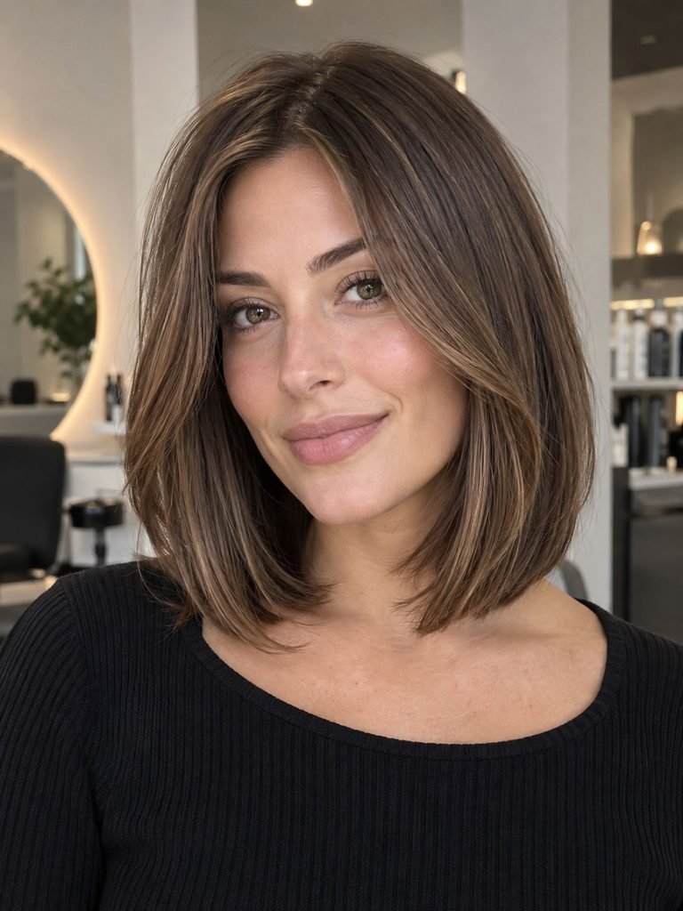 Rounded medium lob with chin length face framing and softly curved ends
