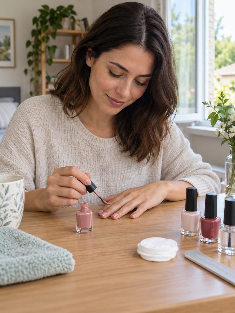 Person applying regular nail polish at a ventilated table with simple manicure supplies