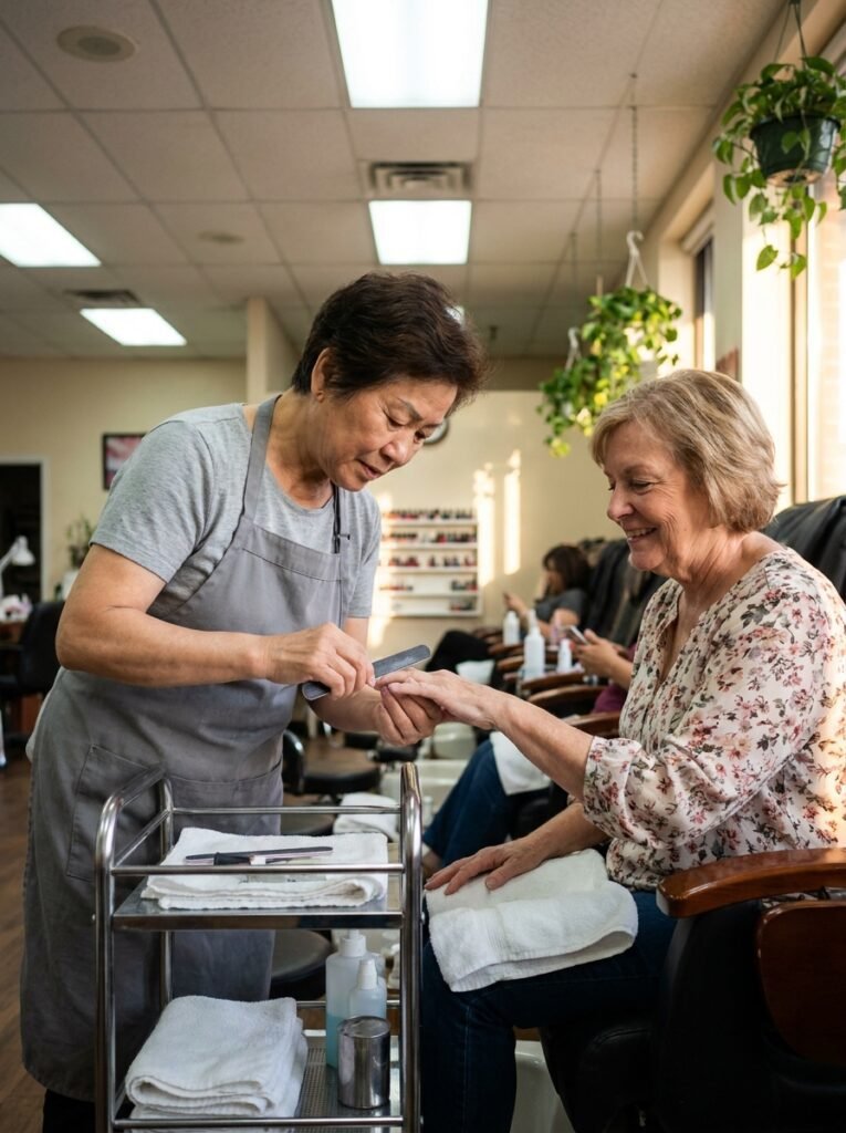 Manicurist shaping a client's nails in a small neighborhood salon