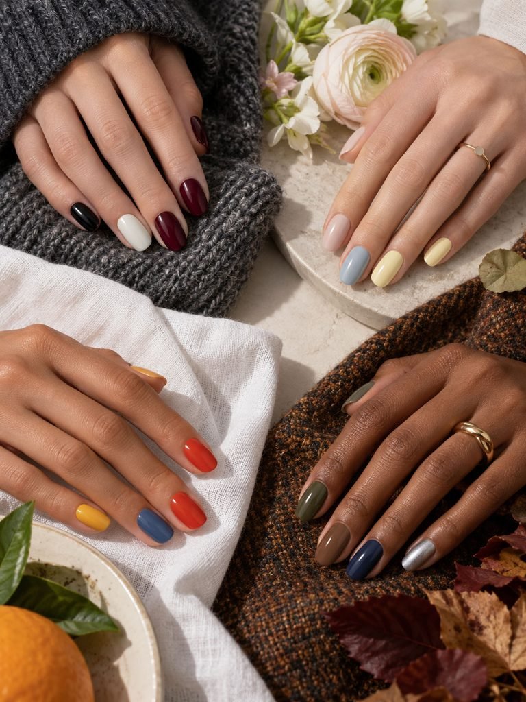 Four manicure palettes representing winter, spring, summer, and fall 2026 nail colors
