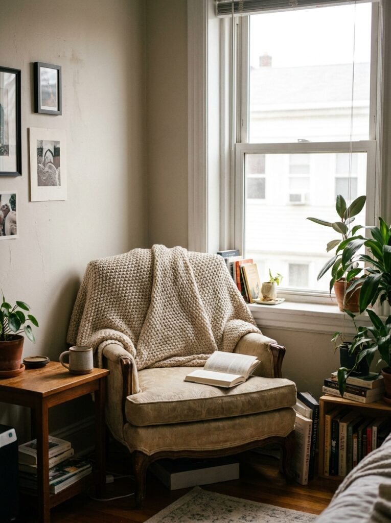 Cozy reading nook with a chair blanket and mug beside a window