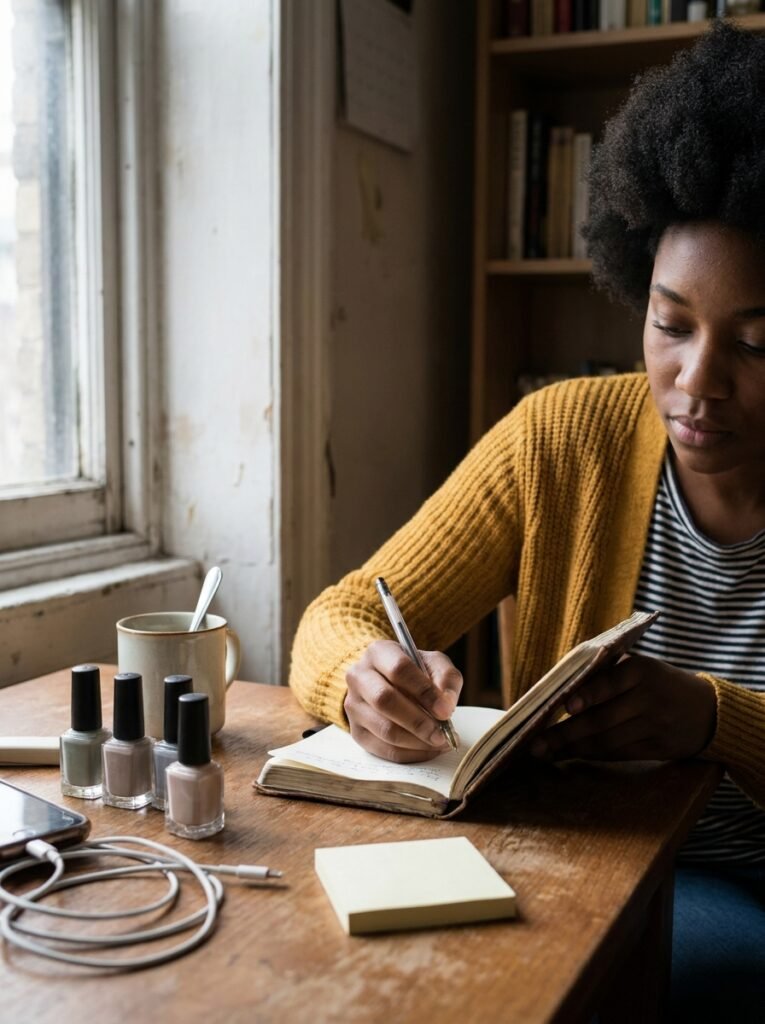 Woman planning a yearly nail polish budget in a small notebook at her desk
