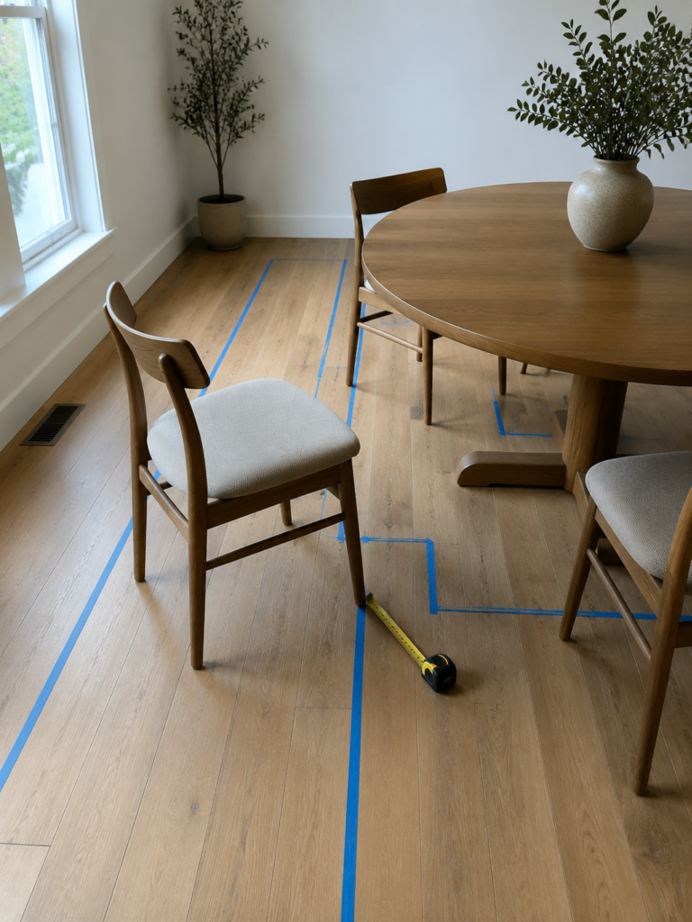 Painter's tape marking clearance around a dining table, with a chair pulled fully back and a tape measure on the floor.