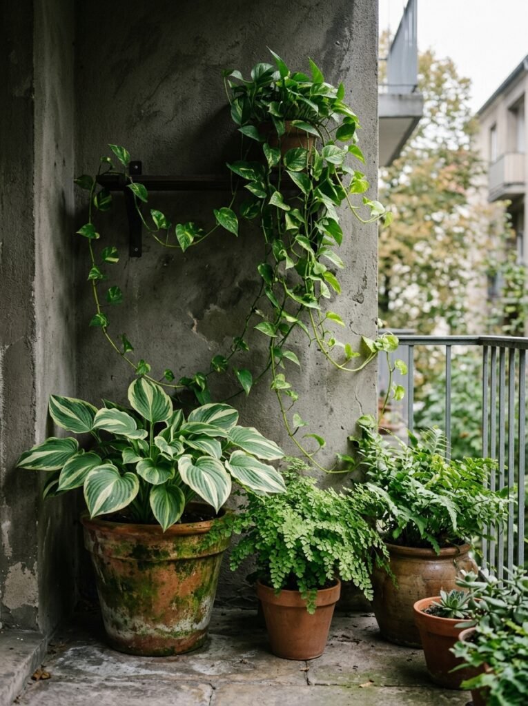 Ferns, pothos and hosta growing in soft light on a shaded north facing balcony