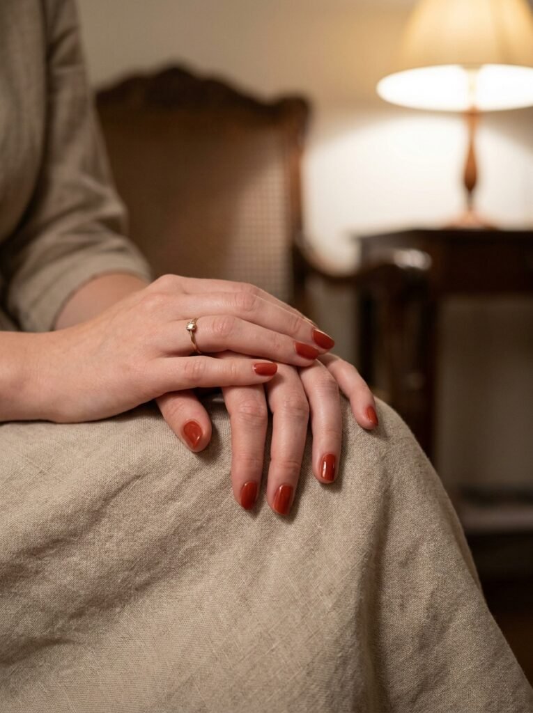 Classic warm red manicure on hands resting on a simple dress before an event.