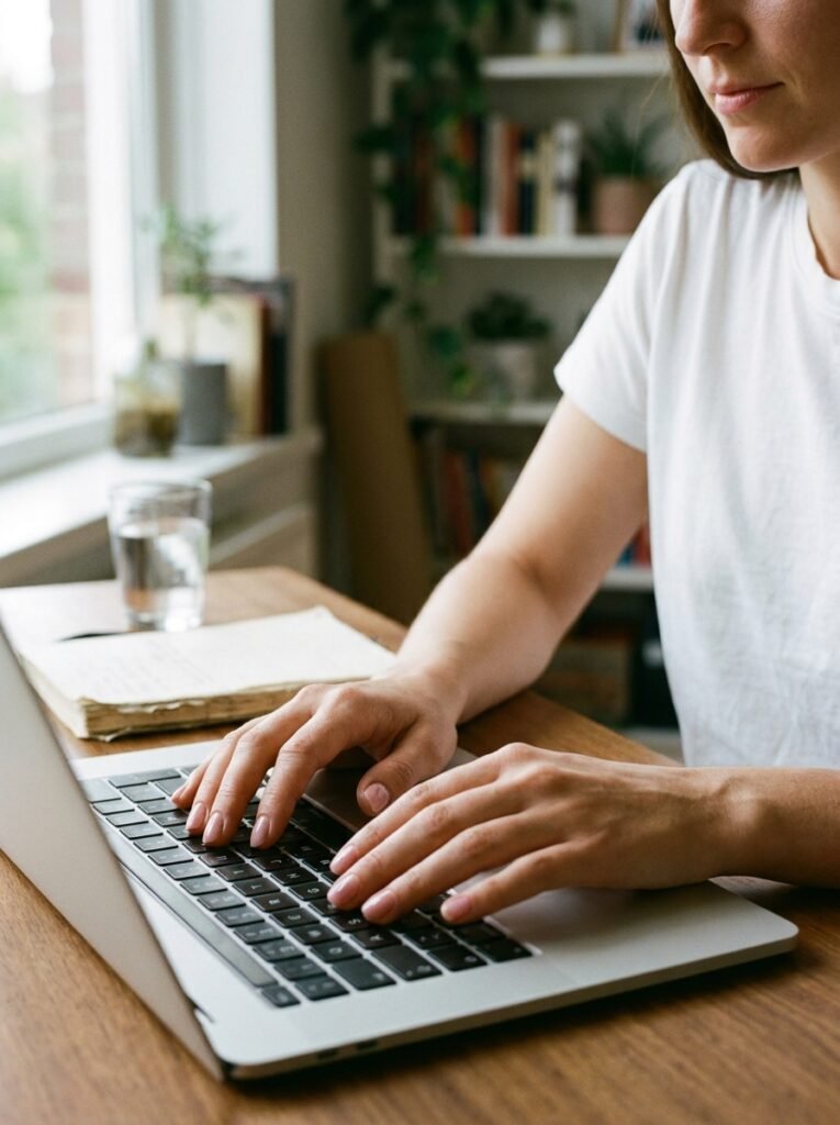 Sheer pink manicure on hands typing at a home office desk.