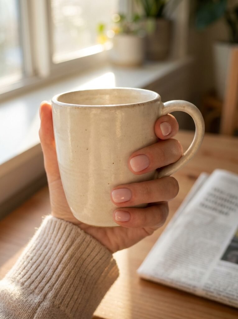 Sheer milky pink manicure on a hand holding a mug in warm window light
