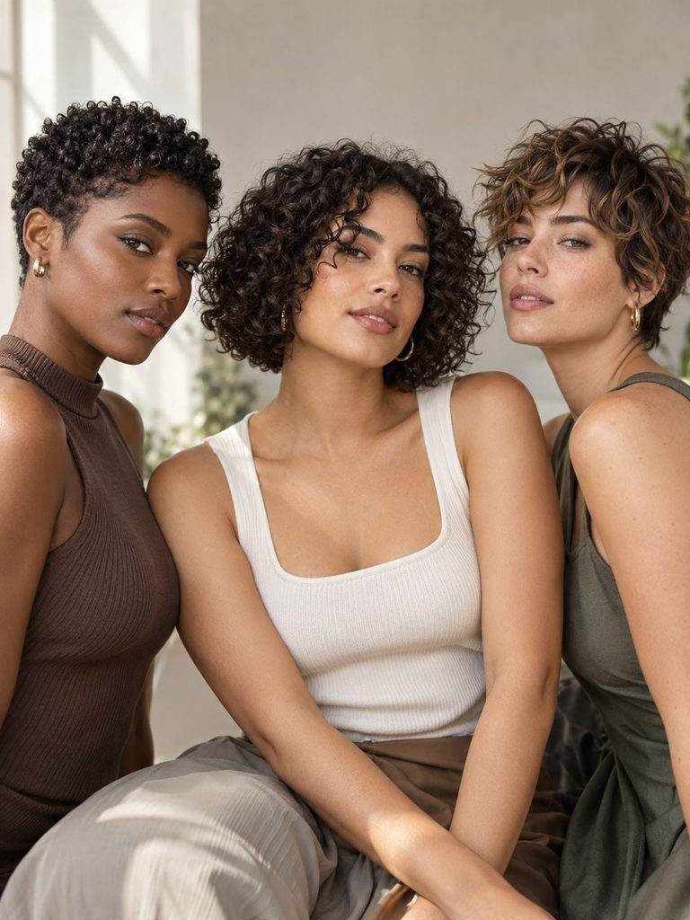 Women with curly sculpted pixie, curly baby bob, and textured shaggy pixie