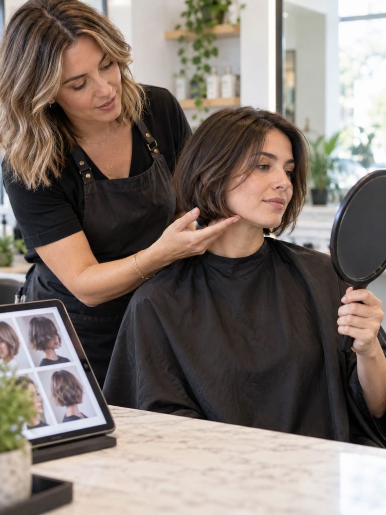 Stylist showing a client where a proposed short haircut will sit near the jaw